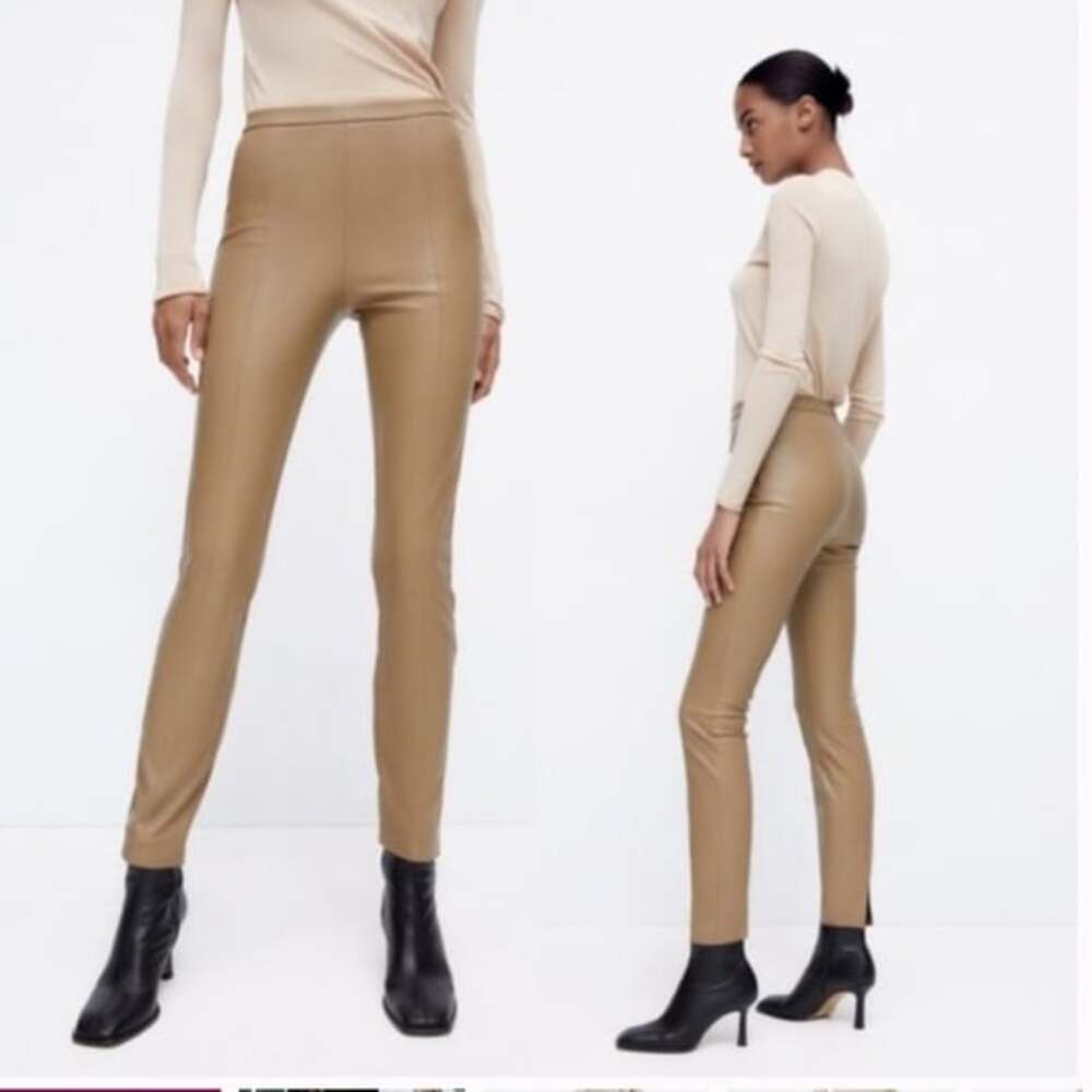 Zara Tan Straight Faux Leather Leggings Side Zip Split Leg New - Picture 2 of 7